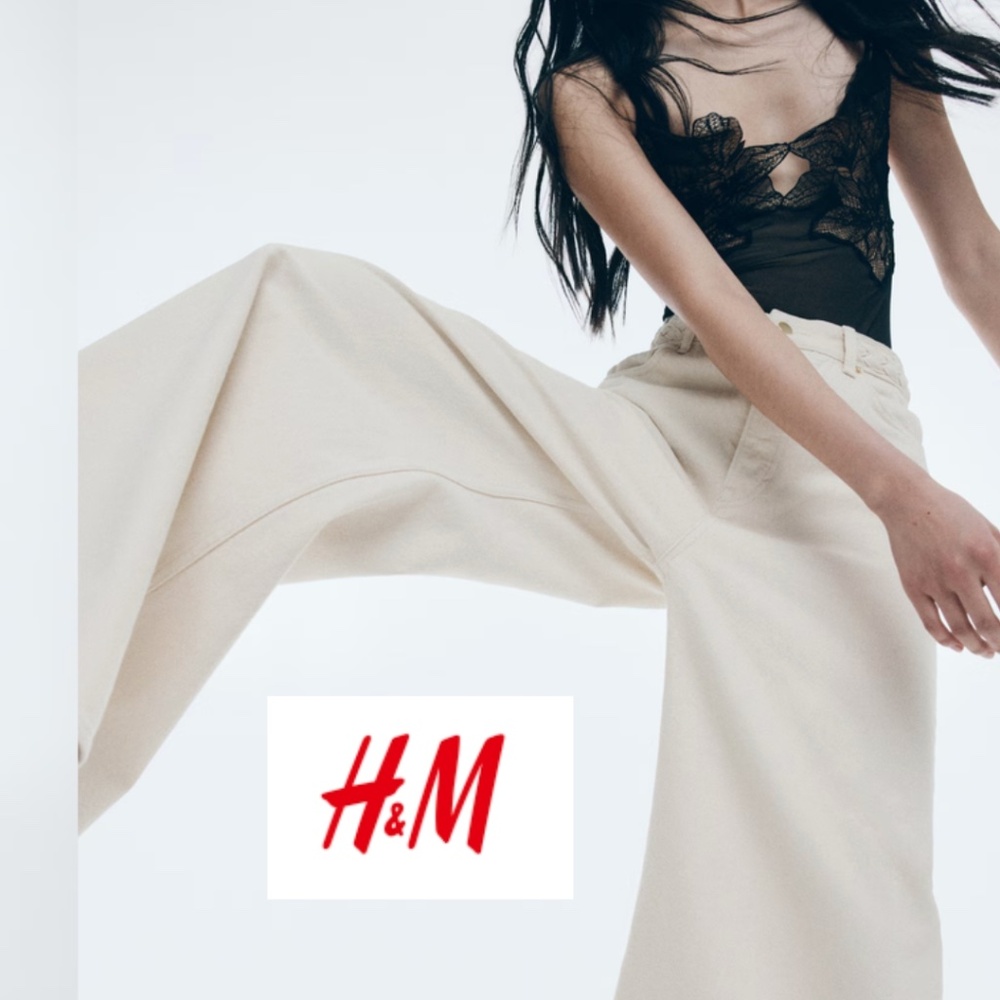 H&M light cream hi rise wide leg jeans,  14,  PG1436